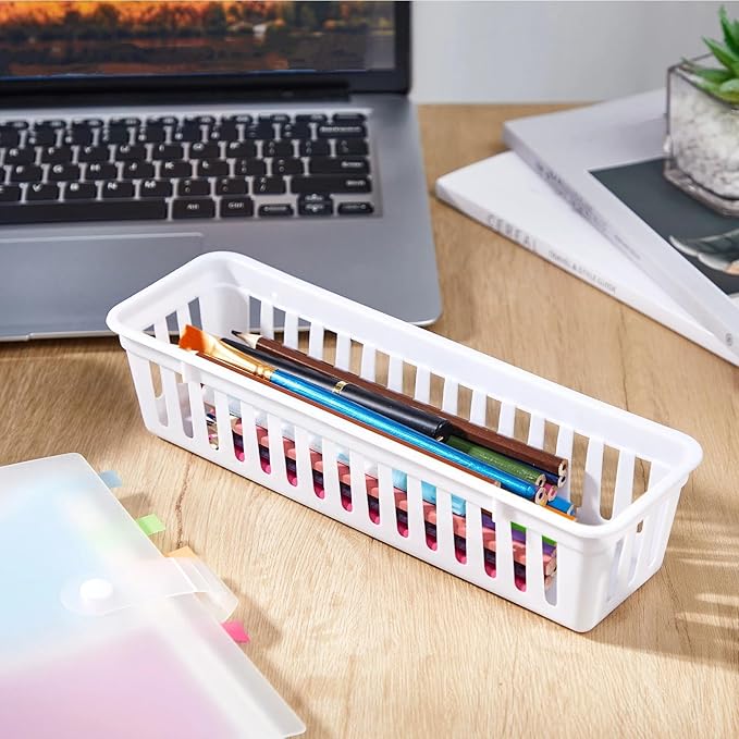 Domensi 12 Pack Slim Plastic Storage Baskets Tray for Organizing 10.25 x 3.25 x 2.5 Inch Small Narrow Storage Bins Stackable Drawer Pencil Trays Holder for Desk Garage Cabinet Containers(White)