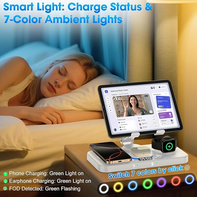 6 in 1 Wireless Charger for Apple Device, 30W Foldable Wired Charging for ipad with Clock & 7 Color Ambient Light, Nightstand Charger Station for iPhone 17/16/15/iWatch Series/AirPods 4/Pro 3(White)