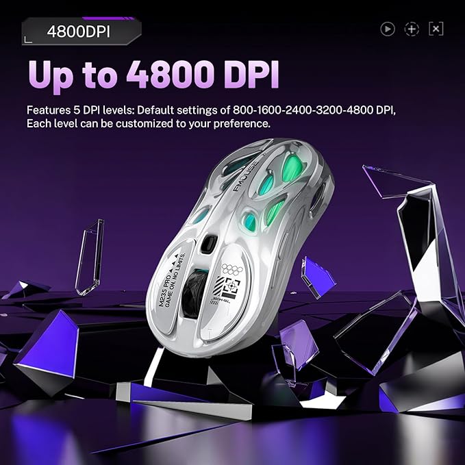 M235 Wireless Gaming Mouse, 65g Ultra-Lightweight, Hollowed-Out Sports Car Design, 4800 DPI, Tri-Mode (2.4G/BT/Wired), 8 Programmable Buttons, RGB Lighting, 1000Hz Polling Rate (Silver Frost)