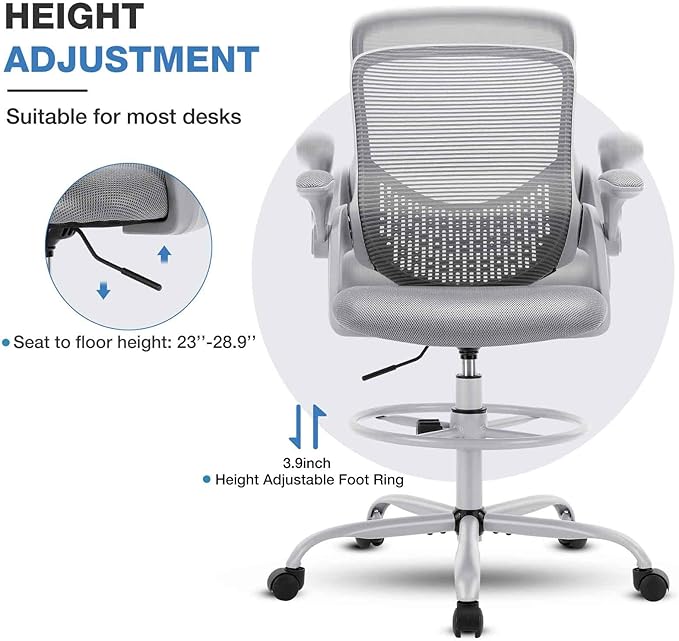 JHK Drafting Tall Office Chair Standing Desk Counter Height Adjustable Chairs with Flip-up Padded Armrests
