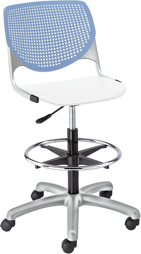 KFI Seating Kool Poly Adjustable Drafting Stool with Perforated, Peri Blue Back, White Seat
