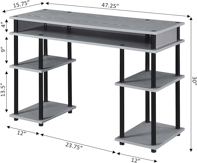 Convenience Concepts Designs2Go No Tools Desk Home Office Desk with Shelves, Corner Shelf Vanity Desk Computer Desk Nail Table for Nail Tech - 47.25" L x 15.75" W x 30" H, Gray/Black