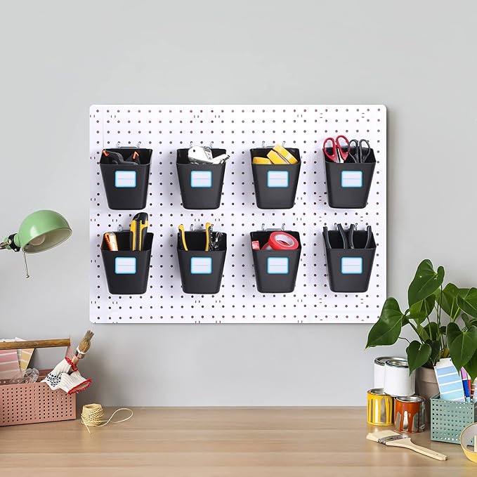 Namalu 12 Pack Peg Board Storage Bins with Labels and Hooks Square Box Shape Pegboard Cup Holder Accessories Pegboard Organizer for Craft Room Wall holder Workbench(4.7 x 4 x 5 Inch, Black)