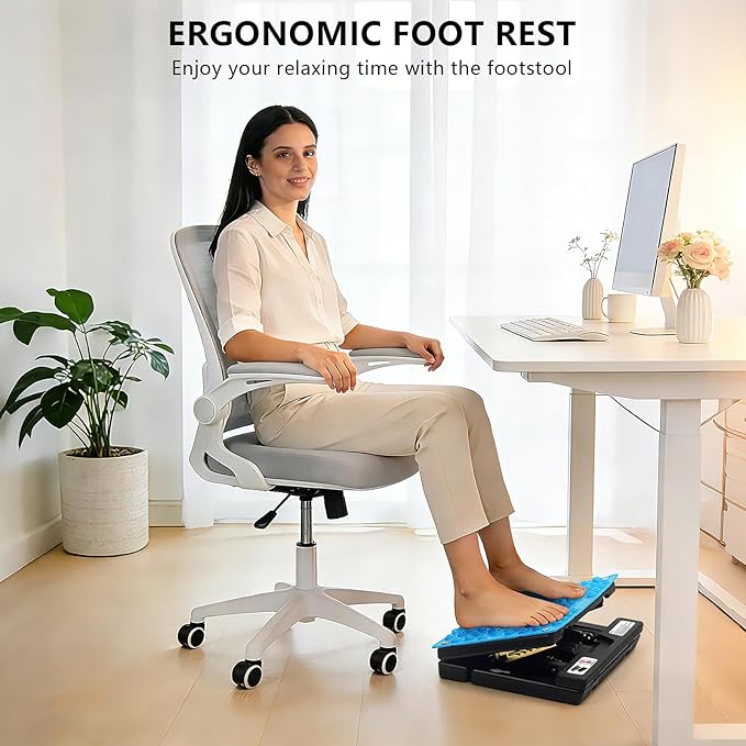 Footrest for Under Desk at Work, Height Adjustable Foot Rest with Reflexology Pad, Foldable Ergonomic Foot Stool for Muscle Tension Relief, Suitable for Office, Home & All-Season Use(Blue)