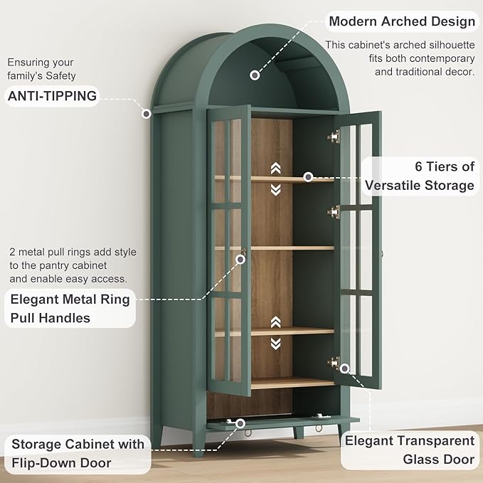 Tall Arched Cabinet, Modern Farmhouse Wooden Display Cabinet with Glass Doors, 70" 6 Tier Bookshelf w/Adjustable Shelves for Living Room, Office, Green