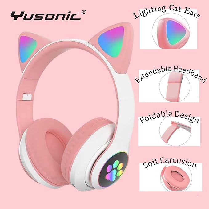 Cat Ear Bluetooth Headphones for Kids & Adults, Wireless Foldable & Wired Multi-Function LED Light Up Over Ear Headphones with Mic and Volume Control for iPhone/iPad/Laptop/PC (White 2)