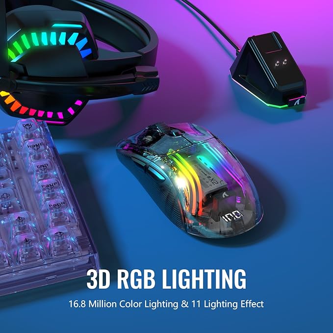 A.JAZZ Wireless Gaming Mouse with Full Transparent,Tri-Mode 2.4GHz/Bluetooth/Wired Mouse,Digital Display,Charging Base,3D RGB Backlit,Silent Mice with 7 Buttons,Wireless Mice for Laptop,PC,Mac(Black)