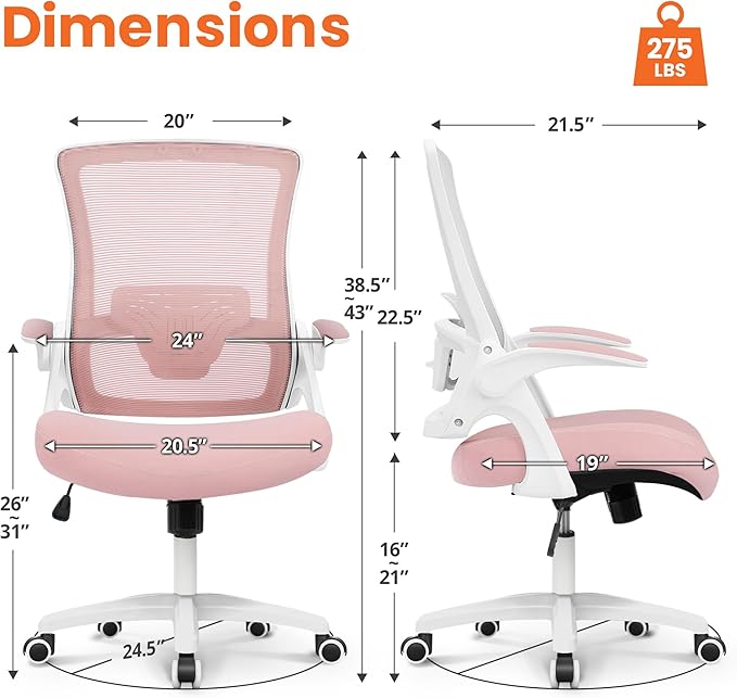NEO Chair Office Desk Gaming Chair Computer High Back Mesh Seat with Rolling Wheels Ergonomic Adjustable Comfy Flip-up Armrests Lumbar Support Height for Home (Pink)