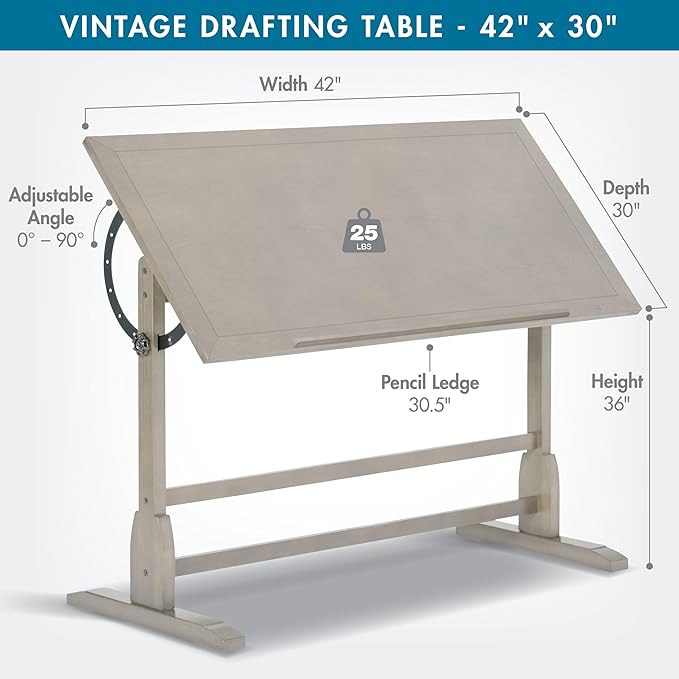 Studio Designs Wood Drawing/Drafting Table with Pencil Ledge - 42" W x 30" D - Whitewash - Tilting Top Adjustable Desk