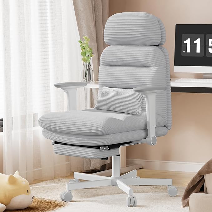 GXJ Criss Cross Chair with Wheels & Flip-up Arms, Executive Office Chair with Foot Rest, Swivel Cross Legged Office Chair with Lumbar Pillow, Corduroy Comfy Computer Desk Chair for Home, Grey
