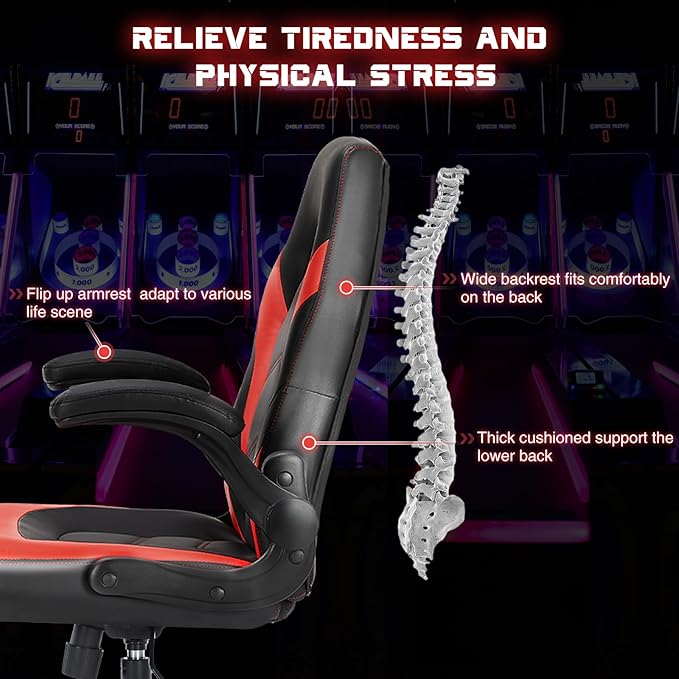 DUMOS Ergonomic Computer Gaming Chair with Flip-up Armrest, Height Adjustable PU Leather Home Office Desk Chair with Lumbar Support Swivel Wheels and for Adults and Kids, Scarlet Red