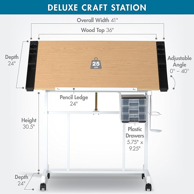Studio Designs Deluxe Craft Station, Top Adjustable Drafting Table Craft Table Drawing Desk Hobby Table Writing Desk Studio Desk with Drawers, 36''W x 24''D, White / Maple