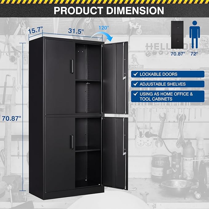 Fesbos 71” Metal Storage Cabinet-Lockable File Garage Tool Cabinets with Doors and Shelves-Tall Black Steel Cabinet for Garage-Heavy Duty File Storage for Office, Gym, School
