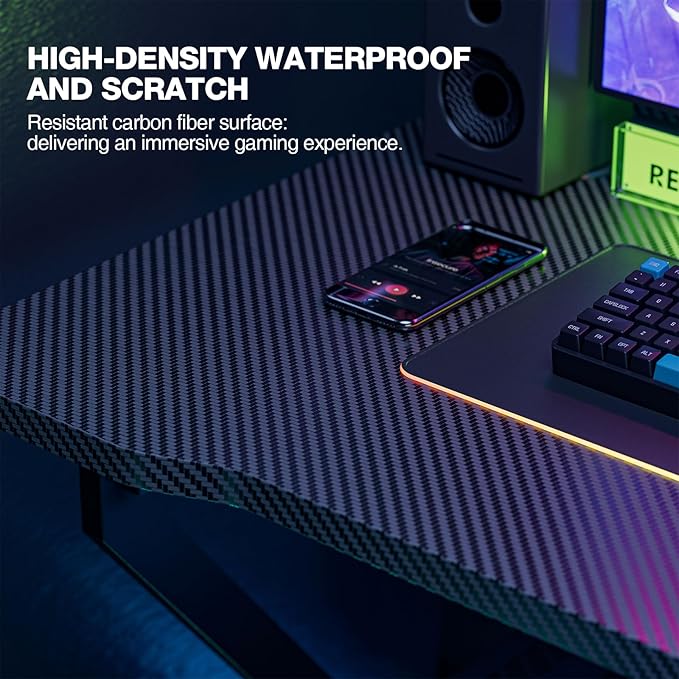 Grandder Gaming Desk Z Shaped 47 Inch Gamer Workstation, Home Computer Carbon Fiber Surface Gaming Desk PC Table with Headphone Hook, Carbon Fiber Black