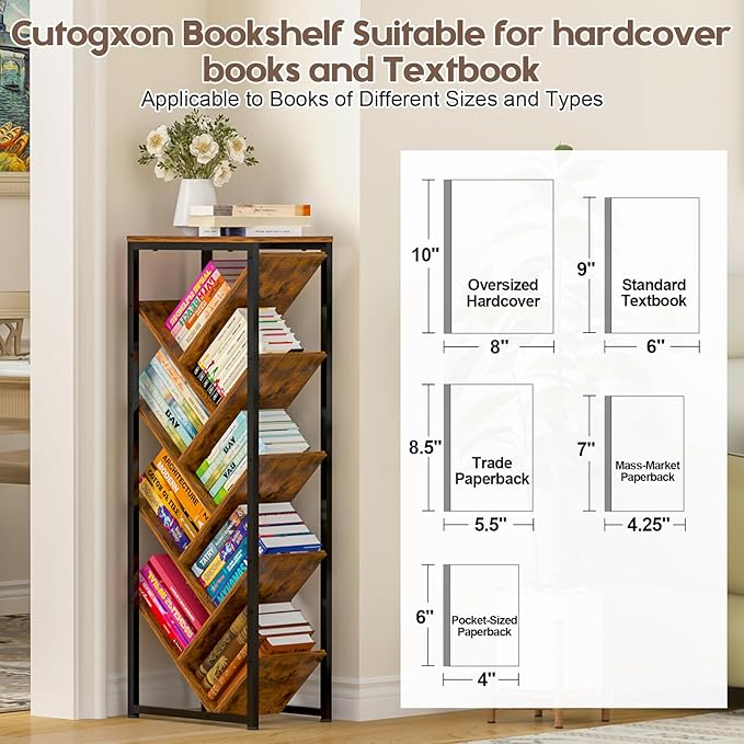 Cutogxon Tree Bookshelf - 9 Tier Floor Standing Tree Book Storage Organizer with Adjustable Feet for Hardcover Books, Vintage Living Room, Corne,Small Space, Patent Pending