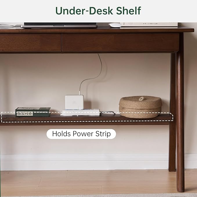 Walnut Color Home Office Desk, 100% Solid Rubber Wood Desk, Mid Century Modern Writing Computer Desk with Drawer for Sturdy Room, Bedroom 47.24" W