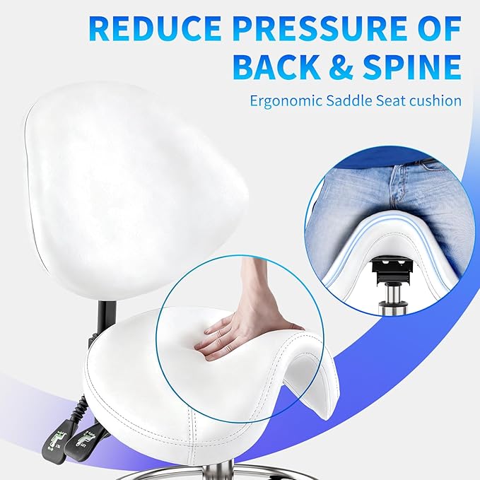 Saddle Chair with Back Support - Tilted Backrest, Adjustable Foot Rest, 350 LBS Capacity Ergonomic, 360° Swivel Drafting Chair for Salon, Spa, Massage, Tattoo, Facial lash, Home, Dentist (White)