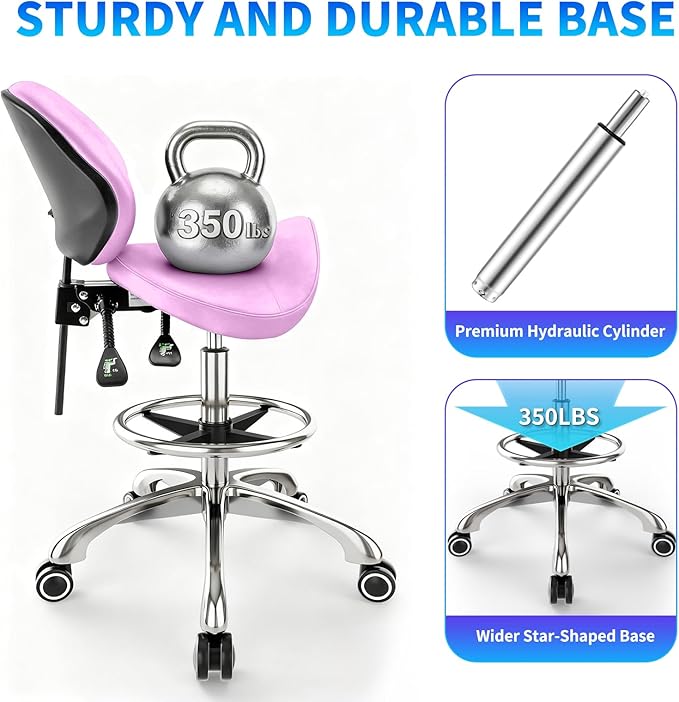 Saddle Chair with Back Support - Tilted Backrest, Adjustable Foot Rest, 350 LBS Capacity Ergonomic, 360° Swivel Drafting Chair for Salon, Spa, Massage, Tattoo, Facial lash, Home,（Macaron Purple）