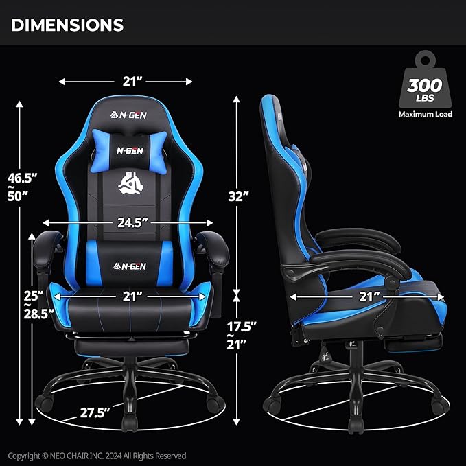 NEO CHAIR Video Gaming Chair with Footrest High Back Ergonomic Comfortable Office Computer Desk with Lumbar Support Height Adjustable with PU Leather Recliner for Adults Women Men (Blue)