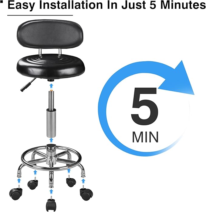 VECELO Home Office Desk Chair with Backrest & Wheels | PU Leather Rolling Office Chair for Drafting, Salon, Spa(Black, with Back)