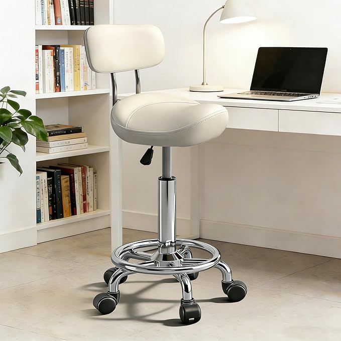Saddle Stool with Back and Ring Pedal, Adjustable Hydraulic Rolling Chair with Wheels for Salon, Spa, Medical, Massage & Drafting Use White