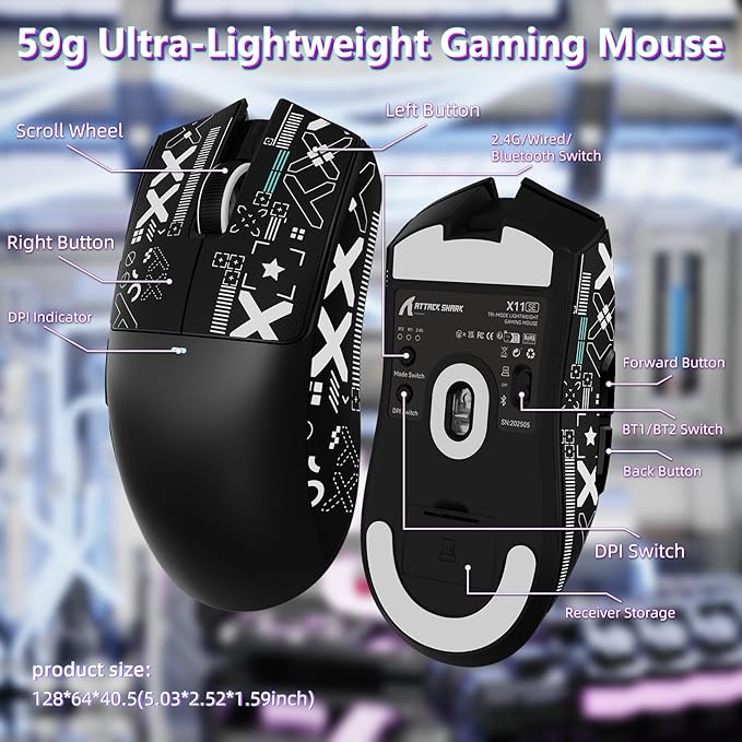 MAMBASNAKE Attack Shark X11SE Lightweight Wireless Gaming Mouse, Tri-Mode 2.4G/USB-C Wired/BT, 22K DPI, PAW3311 Optical Sensor, 59g, 5 Programmable Buttons, 300mAh Battery for PC/Mac(Black-Griptape)