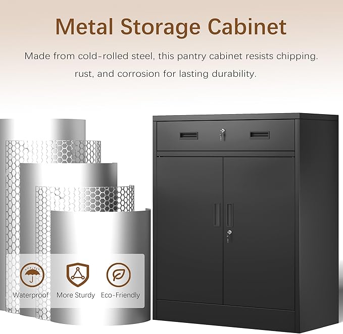 Metal Storage Cabinet with 1 Drawer, 36" H Locking Storage Cabinet, Metal Cabinets with Doors and Shelves for Home, School, Office, Garage, Black