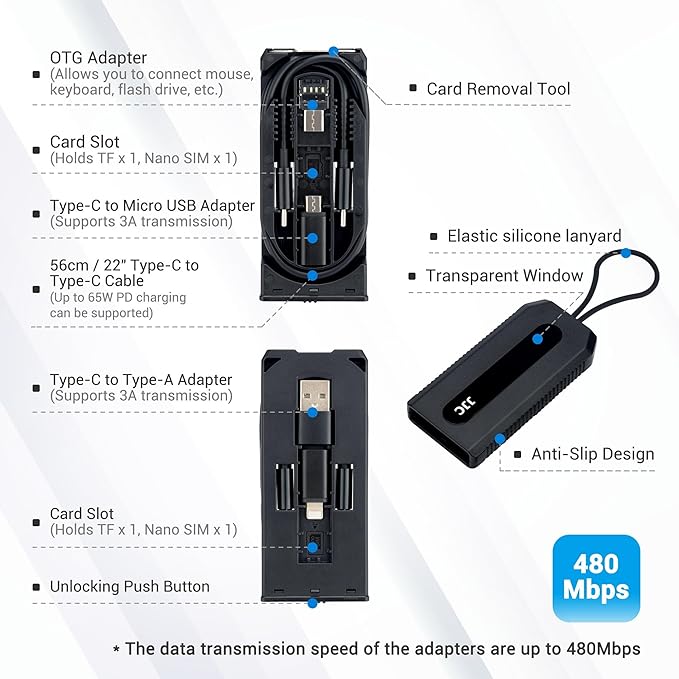 JJC Mulit-Functional Type-C Charging & Data Transfer Cable with USB C to Micro USB/USB A/USB 3.0 OTG Adapter Converter Kit for Outdoor Travel Cell Phone Charge Laptop PC Data Transfer