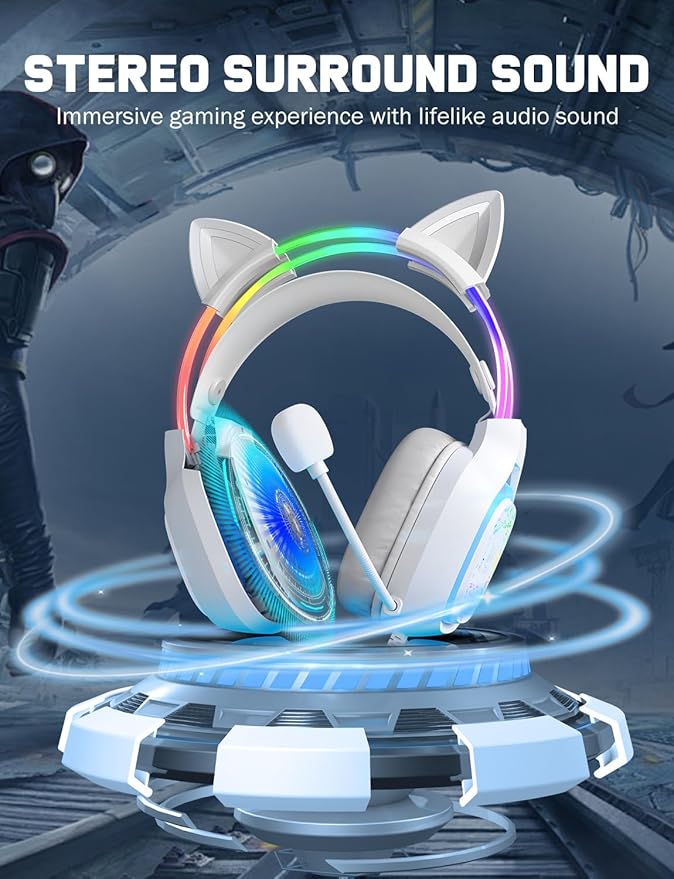 Gaming Headset with Microphone, RGB Lights, Detachable Cat Ear, Lightweight Over-Ear Headphones with Adjustable Headband for PC, PS4, PS5, Mac, Switch, Surround Sound, in-Line Control, White