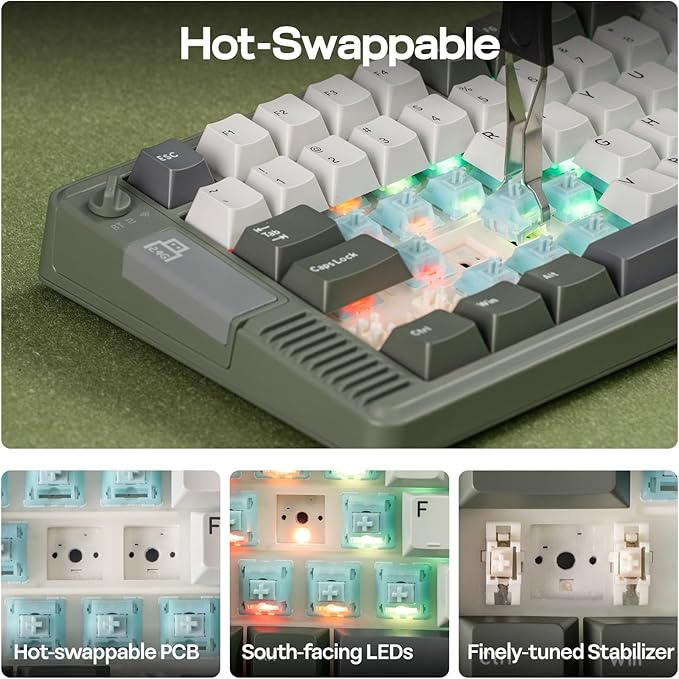 EPOMAKER RT85 Wireless Mechanical Keyboard with Joystick & DIY Screen, 8000mAh, BT/USB/2.4Ghz, Gasket, 5-Layer Paddings, Hot-Swap, PBT Keycap, 75% Gaming Keyboard (Army Green, Wisteria Linear)