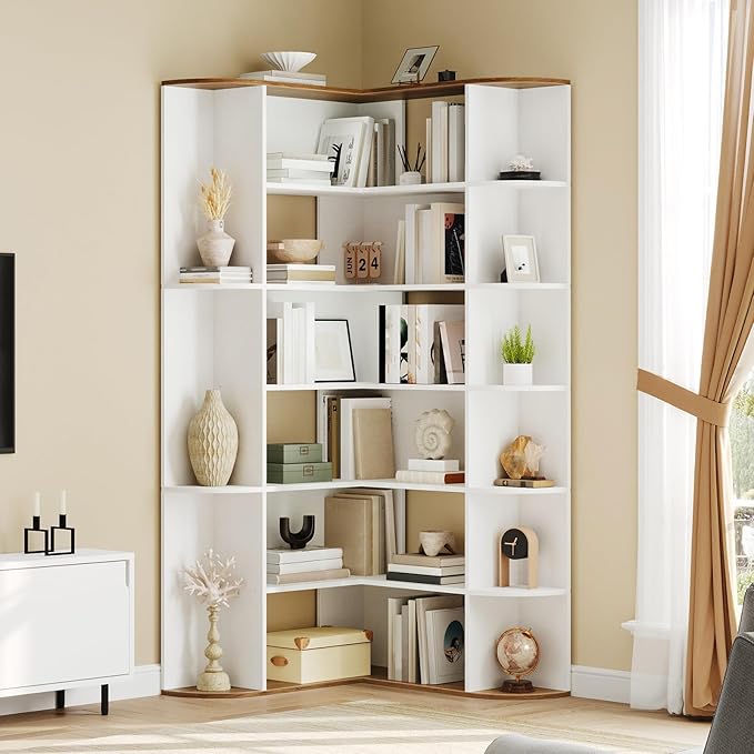HOOBRO 74" Tall Corner Bookshelf, 6-Tier Bookcase with Open Storage, L-Shaped Modern Bookshelf with Display Shelf, Wooden Storage Shelves for Home Office, Living Room, White WH80SJ01
