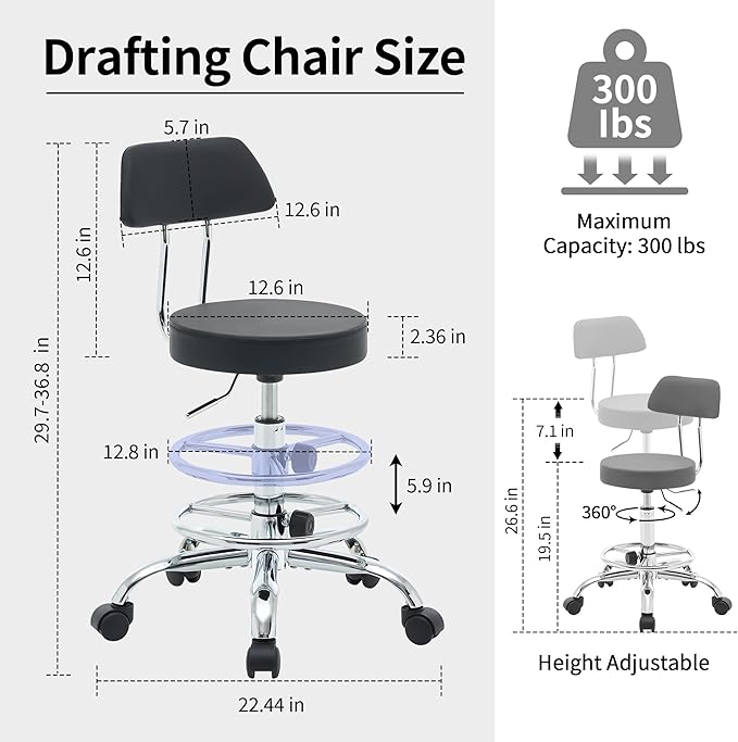 FIRAVOE Office Chair with Back (Adjustable Height Posture Stool 19.5"-26.6")(Drafting Chair on Wheels) Work Stool with Footrest (Black)