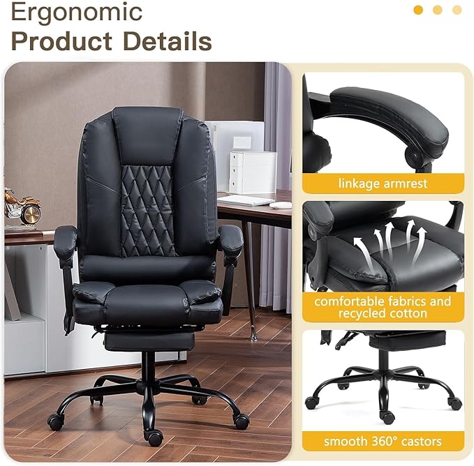 6-Point Heated Massage Office Chair with Footrest, Ergonomic Home Desk Chair with Lumbar Support, Executive High Back PU Leather Computer Chair with Armrest & Reclining, Black