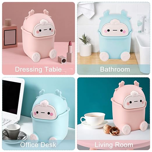 Cute Desktop Trash Can Wastebasket with 90 Trash Bags, Creative Tiny Countertop Garbage Can with Flip Lid, Small Plastic Storage Bin for Bedroom, Bathroom, Kitchen, Office(Sky Blue)