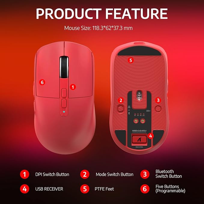 Attack Shark X6 49g Superlight Wireless Gaming Mouse with Magnetic RGB Charging Base, Ultralight Mice PixArt PAW3395 Sensor, 26000DPI, BT/2.4G Wireless/Wired Mouse, 200Hrs Battery for Win/Mac (Red)
