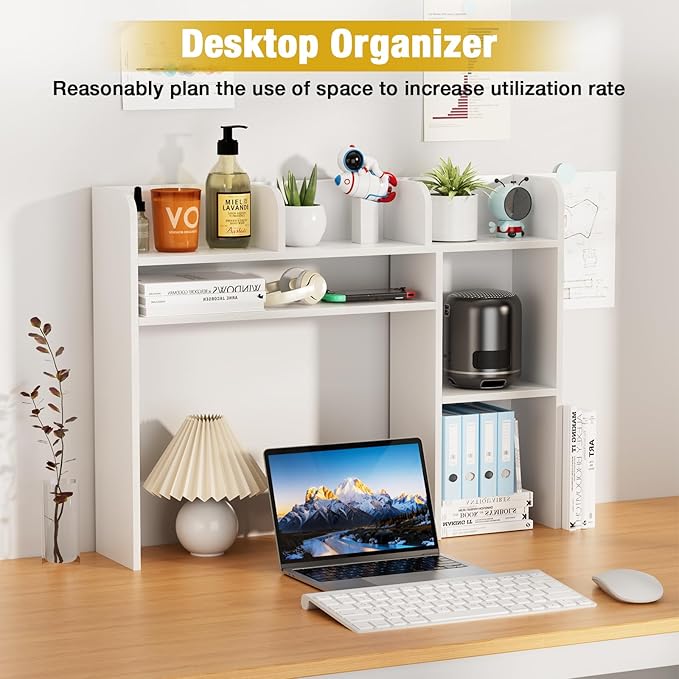 YGYQZ Desktop Bookshelf, White Desk Hutch with 6 Shelves for Computer Desk, Multipurpose Wood Desk Shelf Storage Organizer for Dorm Office Home