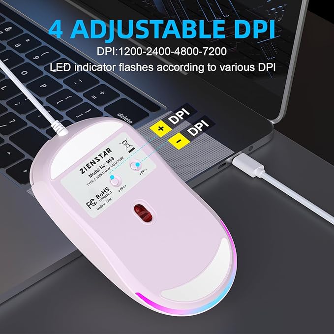 HXMJ Wired USB C Gaming Mice,7200DPI,Corded Mouse with RGB Backlit for Apple MacBook,Tablets,Computer or Laptops with Type C Port-Pink