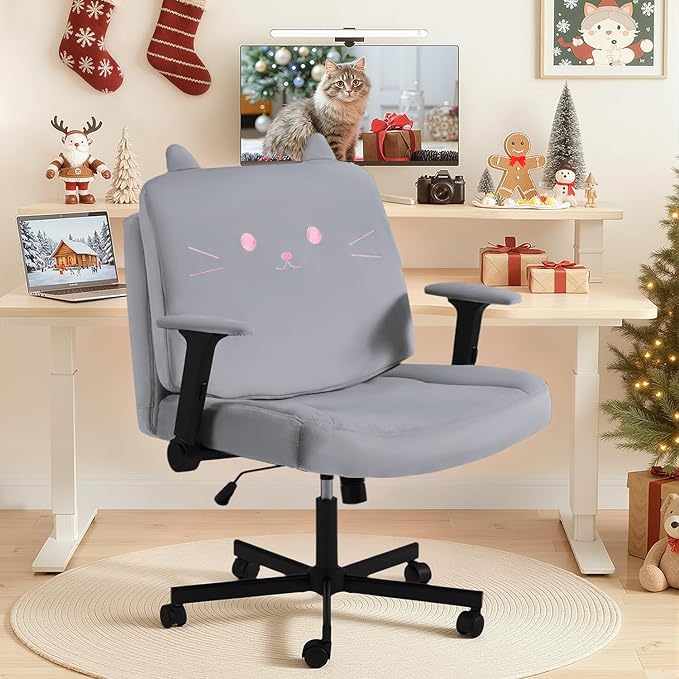 HOMREST Criss Cross Chair with Arms and Castors, Plus Size Cross Legged Office Chair with Extra Wide Seat&Flexible Back Cushion, Cute Comfy Desk Chairs for Home Office, Vanity, Gaming,Reading(Gray)