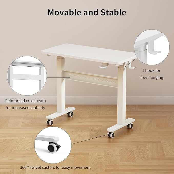 WALKINGDESK Mobile Walking Pad Desk with Wheels, Pneumatic Small Rolling Standing Desk Riser Height Adjustable (28-43.7") for Treadmill, Portable Computer Table for Home Office, White