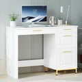 4 EVER WINNER White Desk with Drawers, 44 Inch Computer Desk with Storage and Golden Handle, Writing Desk Sturdy Table for Home Office, White and Gold Desk