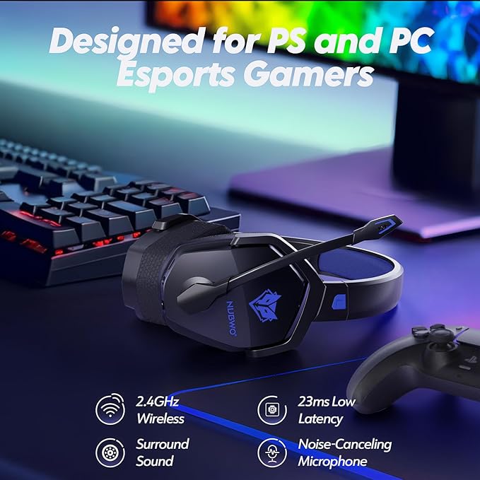 NUBWO Wireless Gaming Headset with Mic for Ps5 Ps4 PC, Zero Interference, 100-Hour Battery All-Day Play, 23ms Sync for Fortnite & Call of Duty/FPS Gamers, Triple Mode All Devices Compatible - Blue