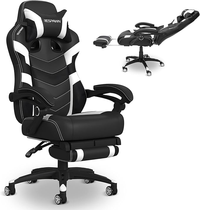 Respawn 110 Pro Ergonomic Gaming Chair with Footrest for Adults - Comfortable Office Gaming Recliner with Lumbar Support and Headrest, Racing Style Video Game Chairs for Computer Gamer - White