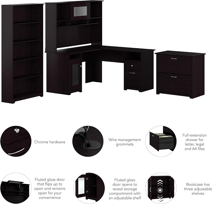 Bush Furniture L Shaped Desk with Hutch, 5 Shelf Bookcase and Lateral File Cabinet | Cabot Collection Corner Computer Table with Storage and Bookshelf | 60Wx23DX37W