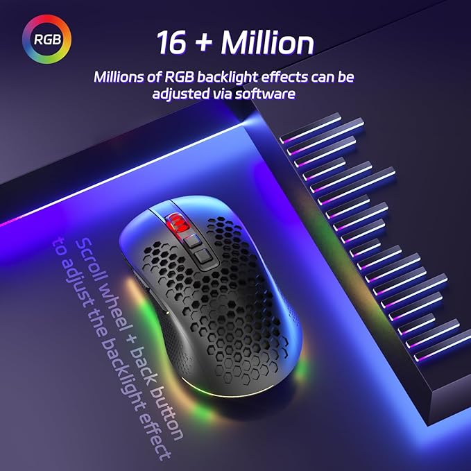 Redragon M694 Wireless Gaming Mouse with Honeycomb Shell, 7200DPI Tri-Mode Ultralight Gaming Mouse Wireless, RGB, 7 Programmable Buttons, Long-Life Battery, Software Support Gamer Mouse for Pc, Mac