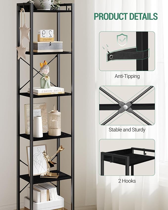 Hzuaneri Bookshelf, Book Shelf, Industrial Bookcase with 2 Hooks, Coner Shelf Storage Organizer for Home Office, Living Room, Bedroom, Kitchen, 6-Tier Black BC10704B