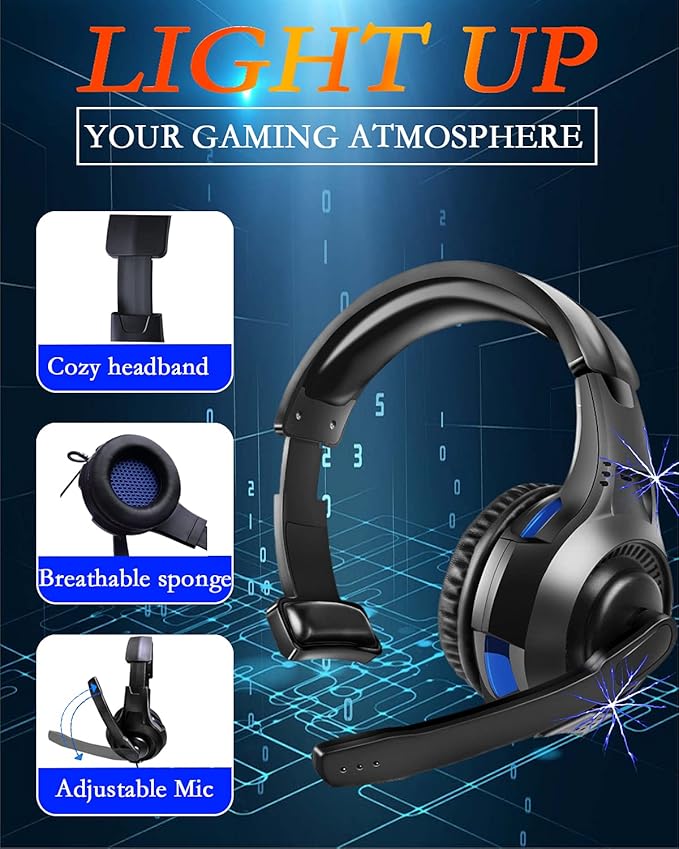 One Ear Gaming Headset for PS5/PS4/Xbox Series S/Xbox Series X, Wired Online Game Unilateral Headset, 50mm Drivers|Detachable Mic|3.5mm Headphone Jack for Switch Lite, Xbox One, Laptop/Phone