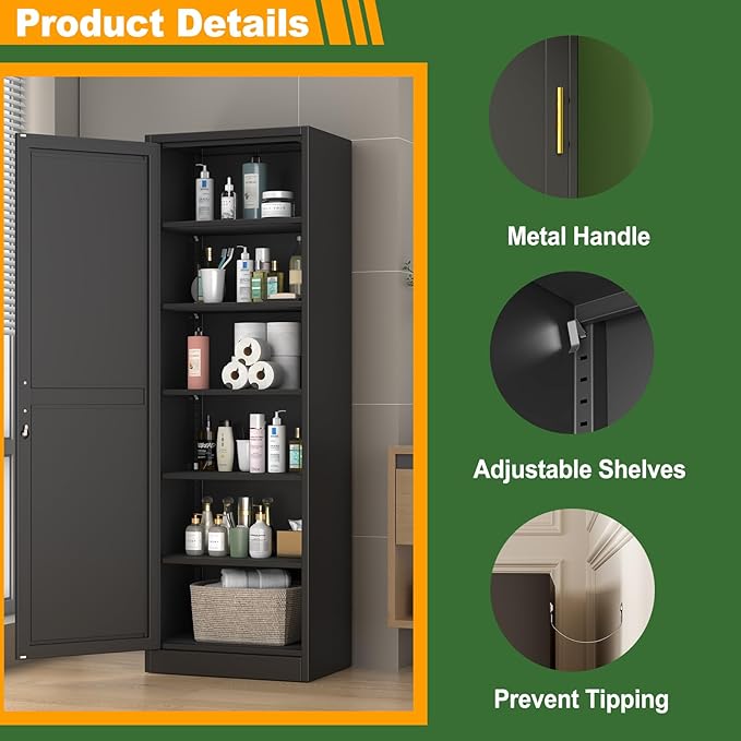 Ckzbx Metal Locker Tall Narrow Storage Cabinet, 67" H Locking Tool File Cabinets Snack Locker Organizer for School Classroom,Bedroom,Gym Home Office,Entryway and Hallway (20" W 1Door Black)
