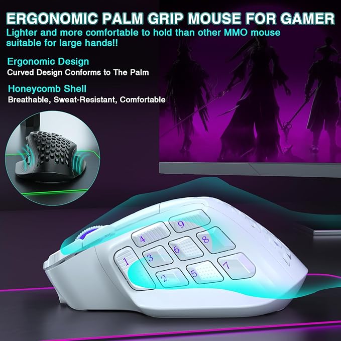 SOLAKAKA SM809 Pro Gaming Mouse with 9 Side Buttons,24000 DPI RGB Mouse for Gamer,16 Programmable Macros MMO Mouse,White