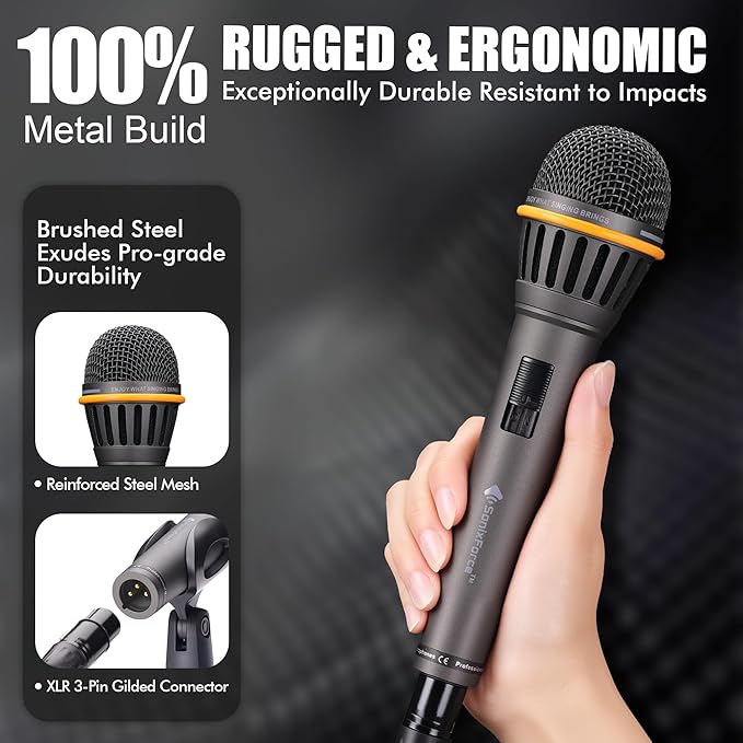 Dynamic Microphone - Professional Vocal Microphone for Singing - Handheld Wired Microphone with 16ft XLR to 1/4" Audio Cable - Mic for Speaking, Karaoke & Living Stage (Titanium Grey)