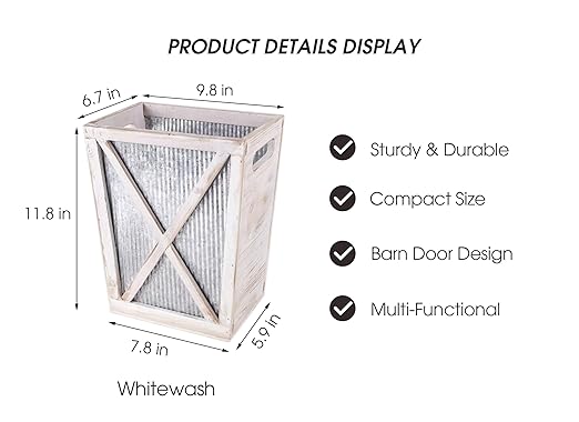 Venalys Small Wood Trash Can Wastebasket, Decorative Barn Door Garbage Can Waste Basket, Rustic Distressed Rectangular Trash Bin, Farmhouse Wooden Storage Basket Waste Paper Bin (Whitewash)